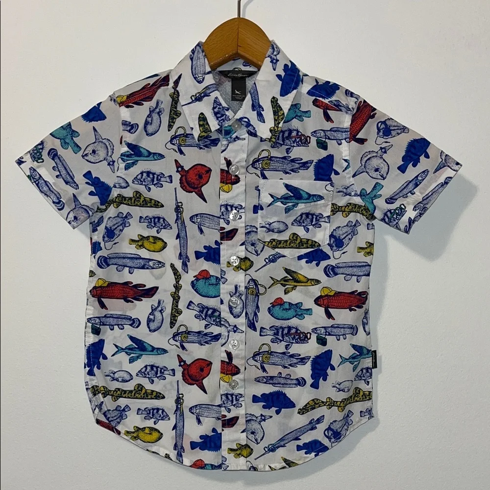 EDDIE BAUER NWOT Toddler Boys 4 Fish Button Down Short Sleeve Fishing - Picture 1 of 5